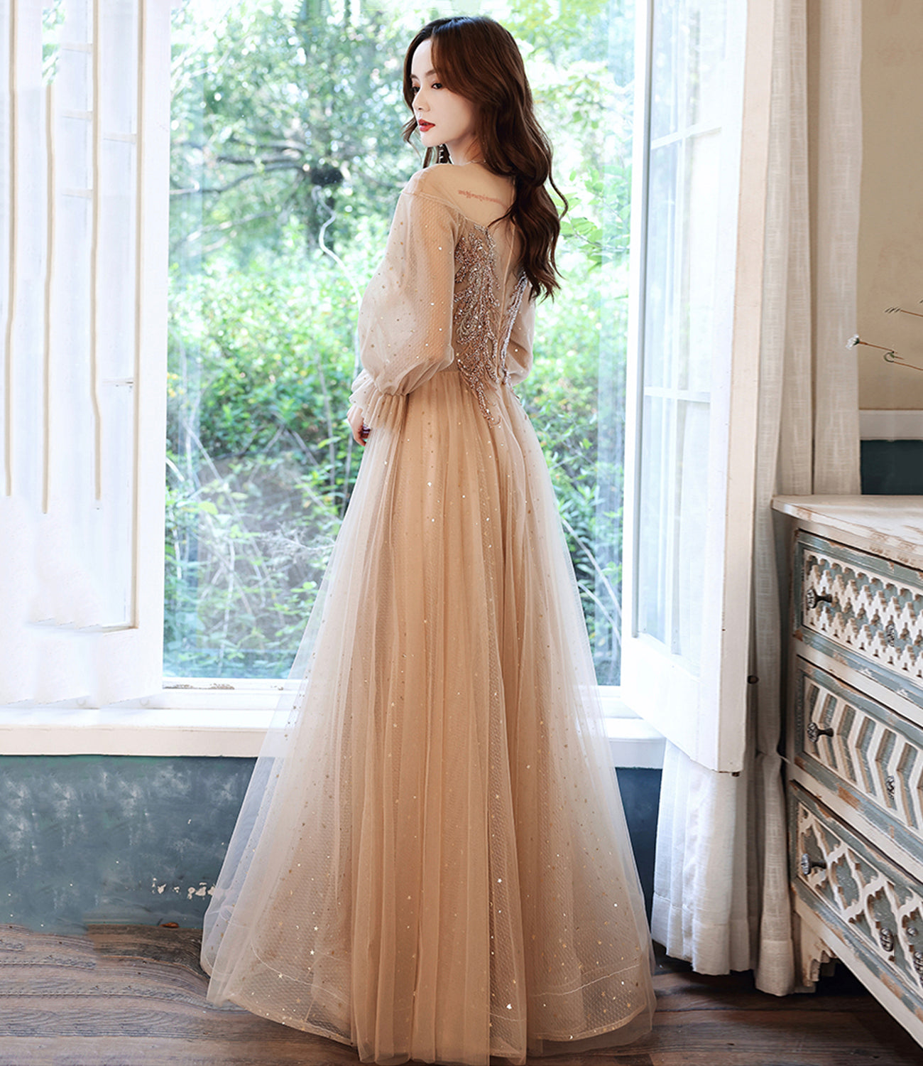 Cute tulle beads long prom dress A line evening dress  10523
