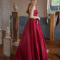 Red satin long A line prom dress red evening dress  10594