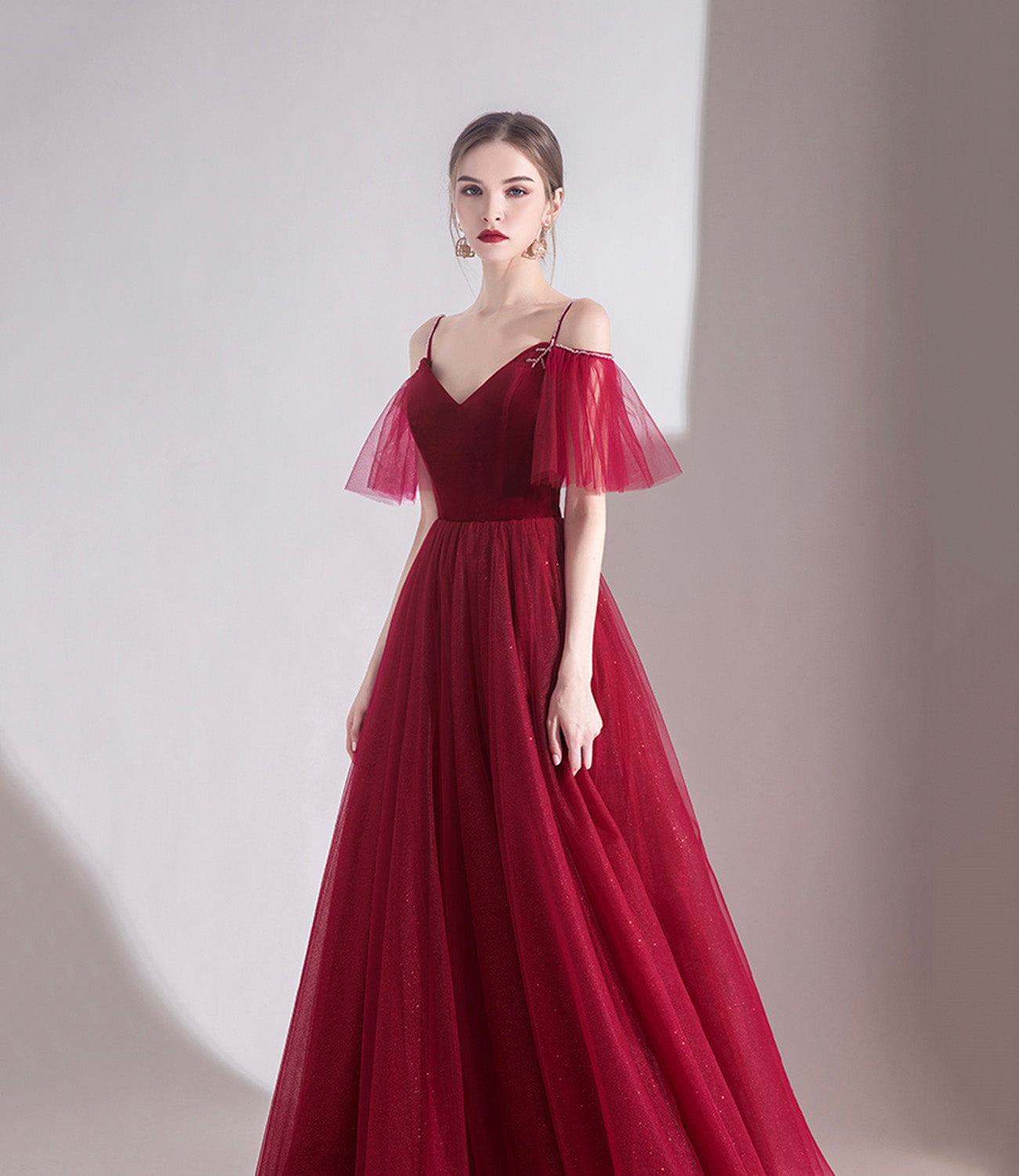 Bugundy Samt Tüll langes Ballkleid A-Linie Abendkleid 10553