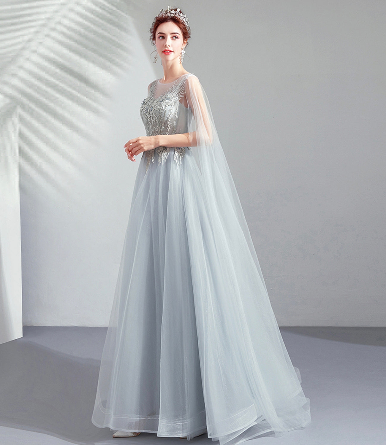 Robe de soirée longue en tulle et dentelle grise Robe de soirée trapèze 10509