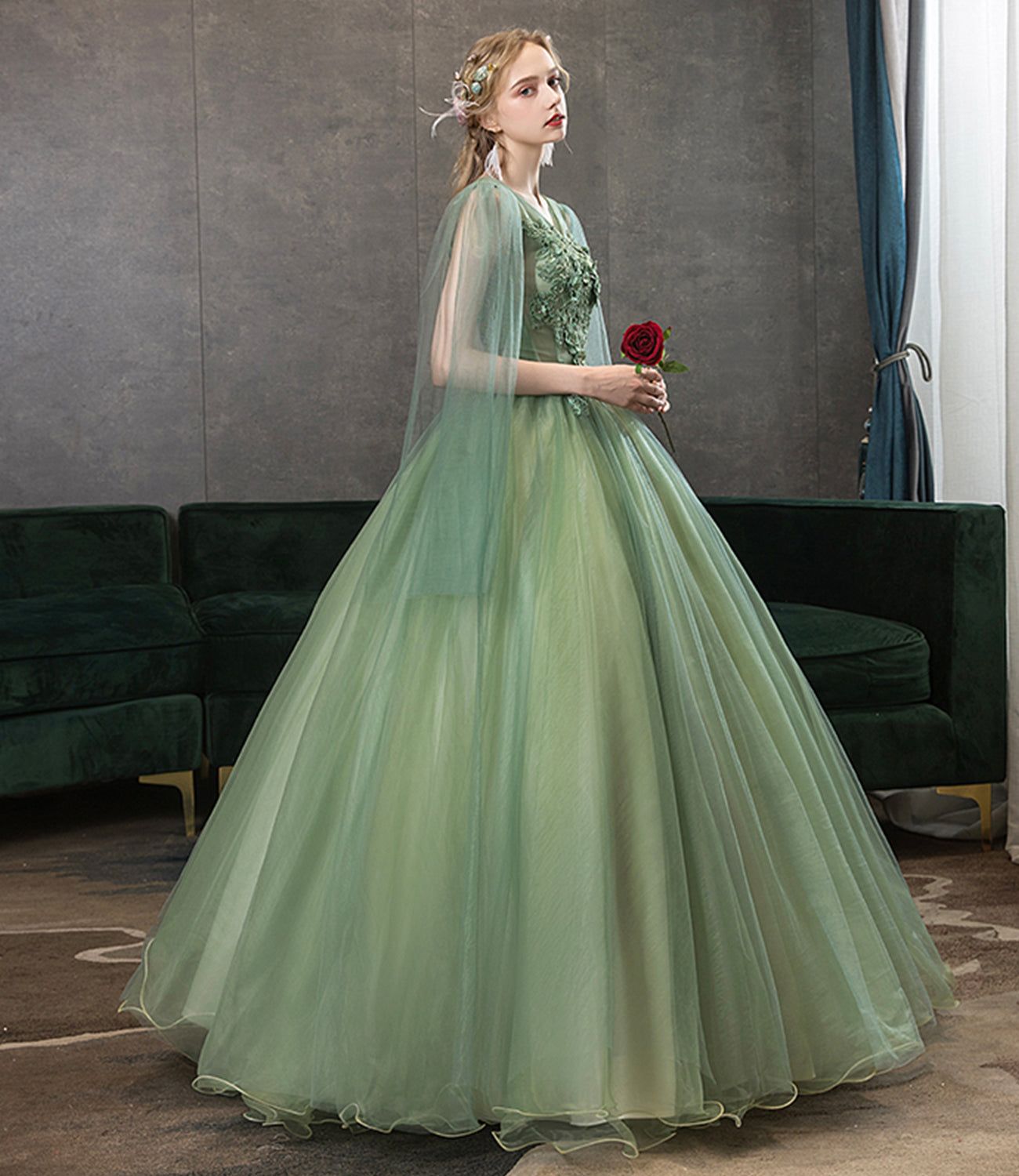 Langes Ballkleid aus grüner Tüllspitze A-Linie Abendkleid 10342