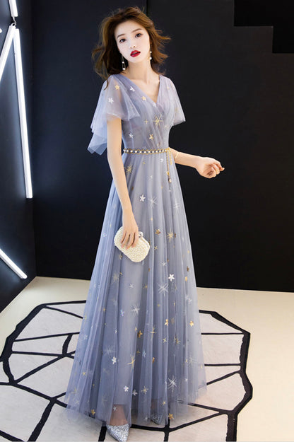 Blaues langes Ballkleid aus Tüll mit V-Ausschnitt blaues Abendkleid 10640