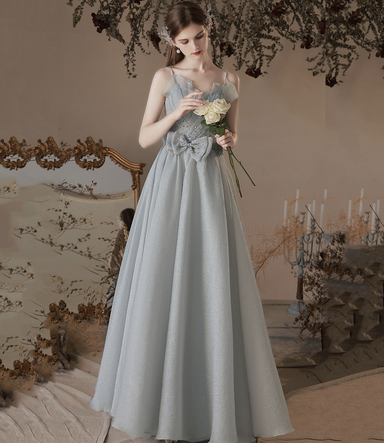Gray soft chiffon long prom dress A line evening dress  10427