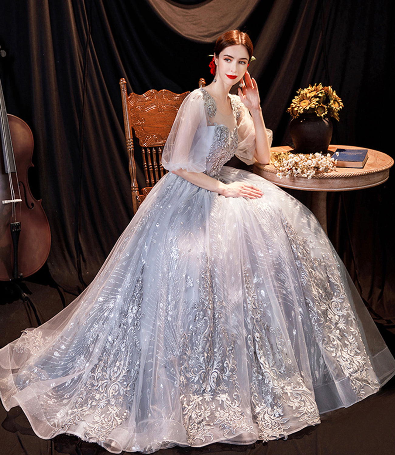 Langes Ballkleid aus grauer Tüllspitze A-Linie Abendkleid 10508