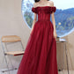 Burgundy tulle beads long prom dress evening dress  10584