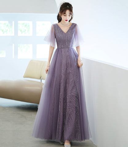 Lila Tüll Pailletten langes Ballkleid A-Linie Abendkleid 10462