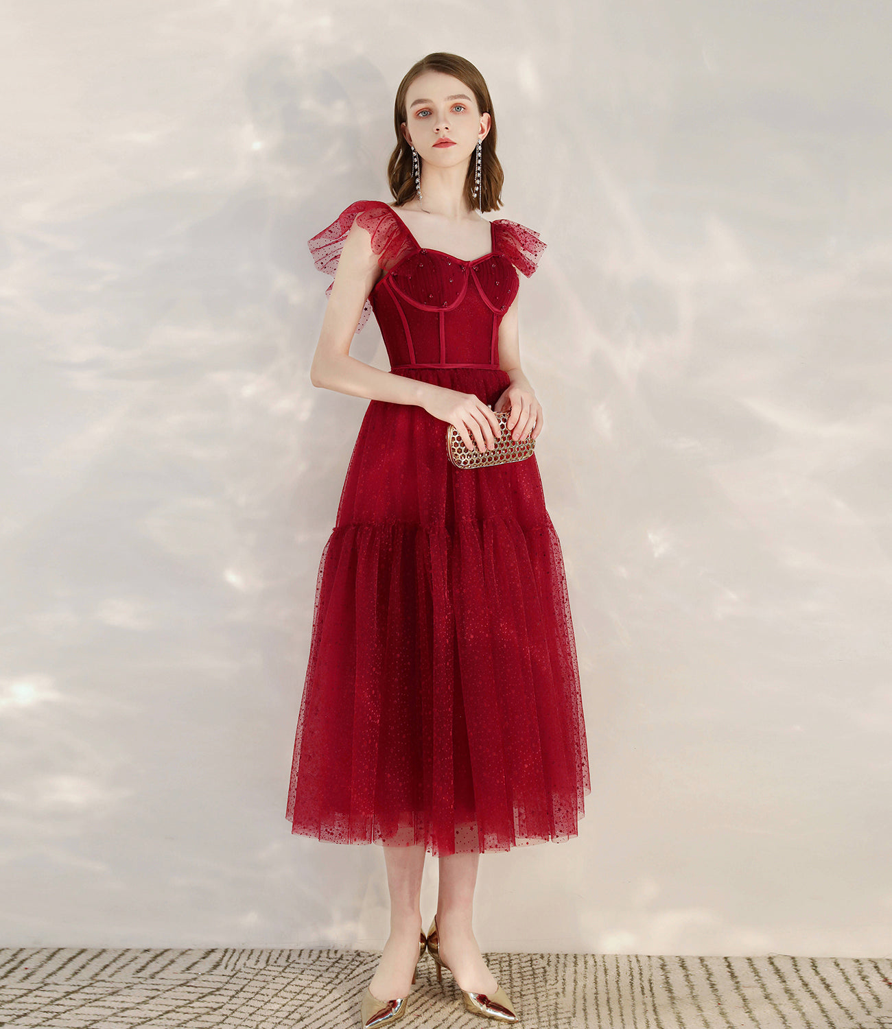Robe de cocktail courte en tulle rouge avec ligne A 10399