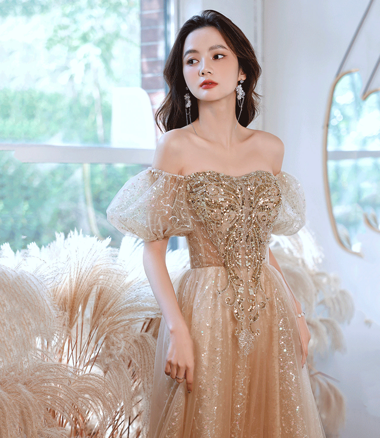 Robe de soirée longue en tulle brillant à paillettes Robe de soirée trapèze 10389