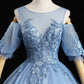 Blue tulle lace long prom dress A line evening dress  10457