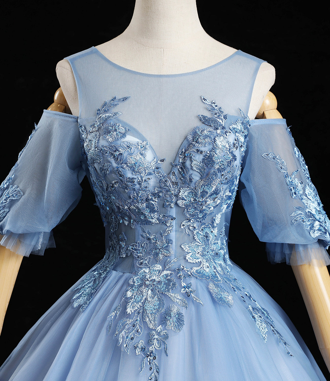 Blue tulle lace long prom dress A line evening dress  10457