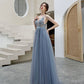 Gray tulle beads long prom dress A line evening dress  10579