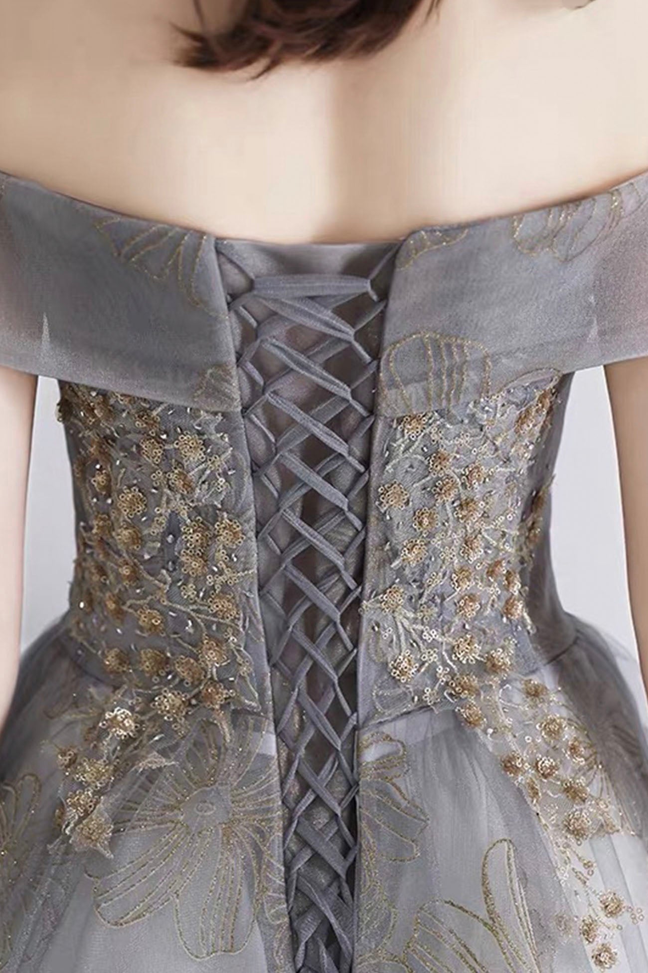Graues Tüll Pailletten langes Ballkleid Abendkleid 10639