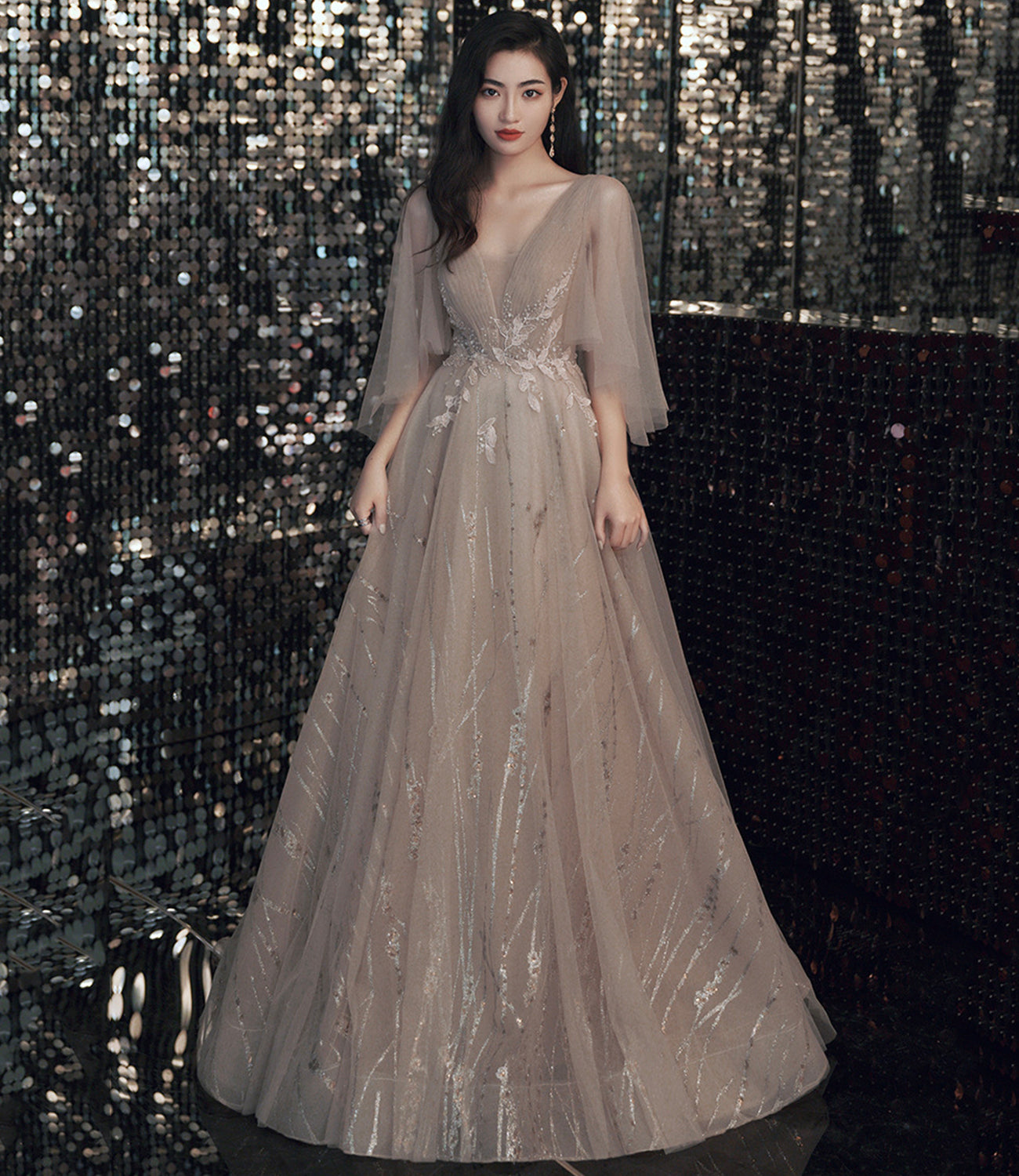 Champagner Tüll Spitze langes Ballkleid A-Linie Abendkleid 10464