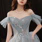 Gray tulle sequins long prom dress A line evening dress  10646
