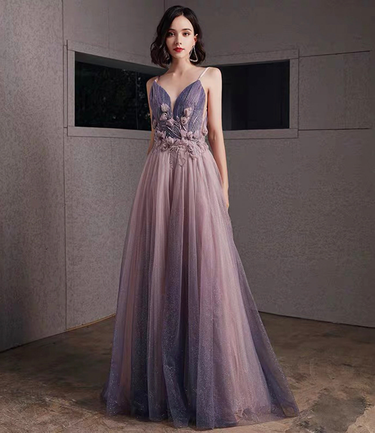 Lila Tüll Pailletten langes Ballkleid A-Linie Abendkleid 10480