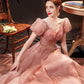 Pink tulle sequins long prom dress pink evening dress  10650