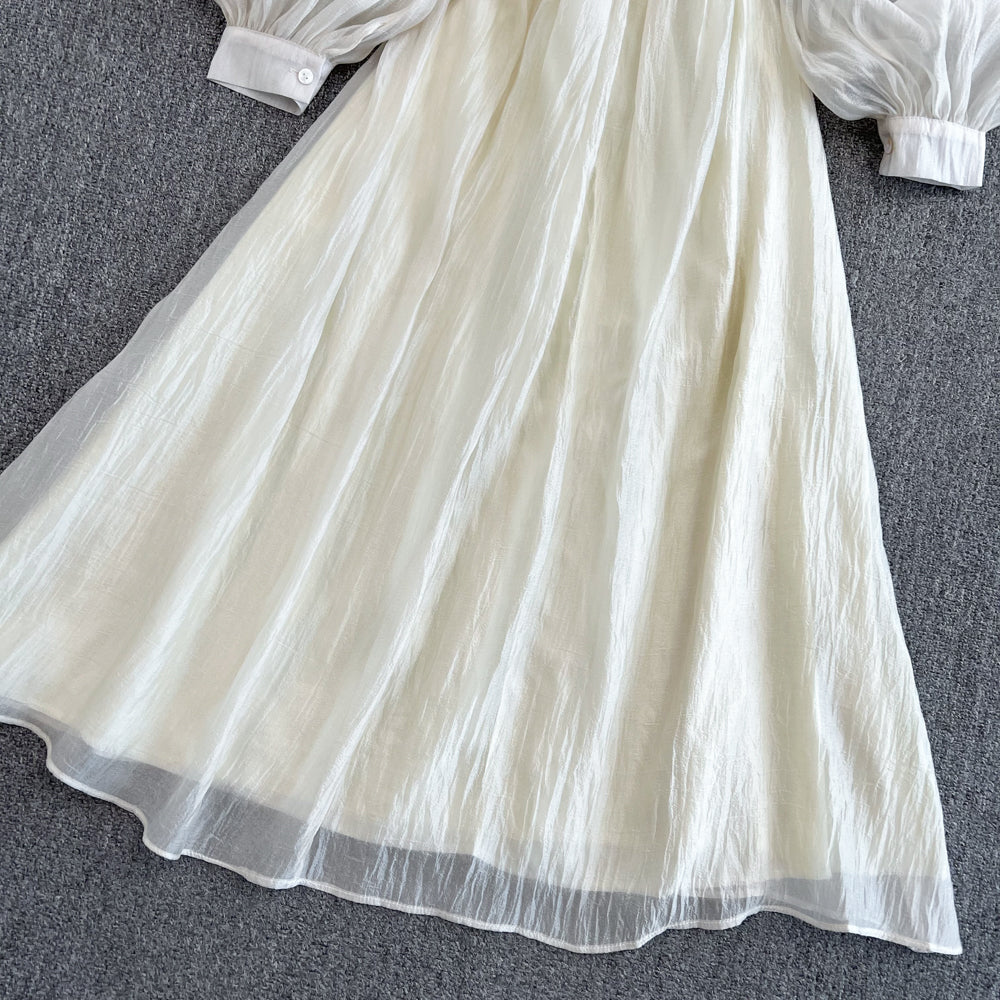 Champagner V-Ausschnitt Langarm Kleid A-Linie Fashion Dress 10683