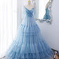 Blaues langes Ballkleid aus Tüll in A-Linie blaues Abendkleid 10551
