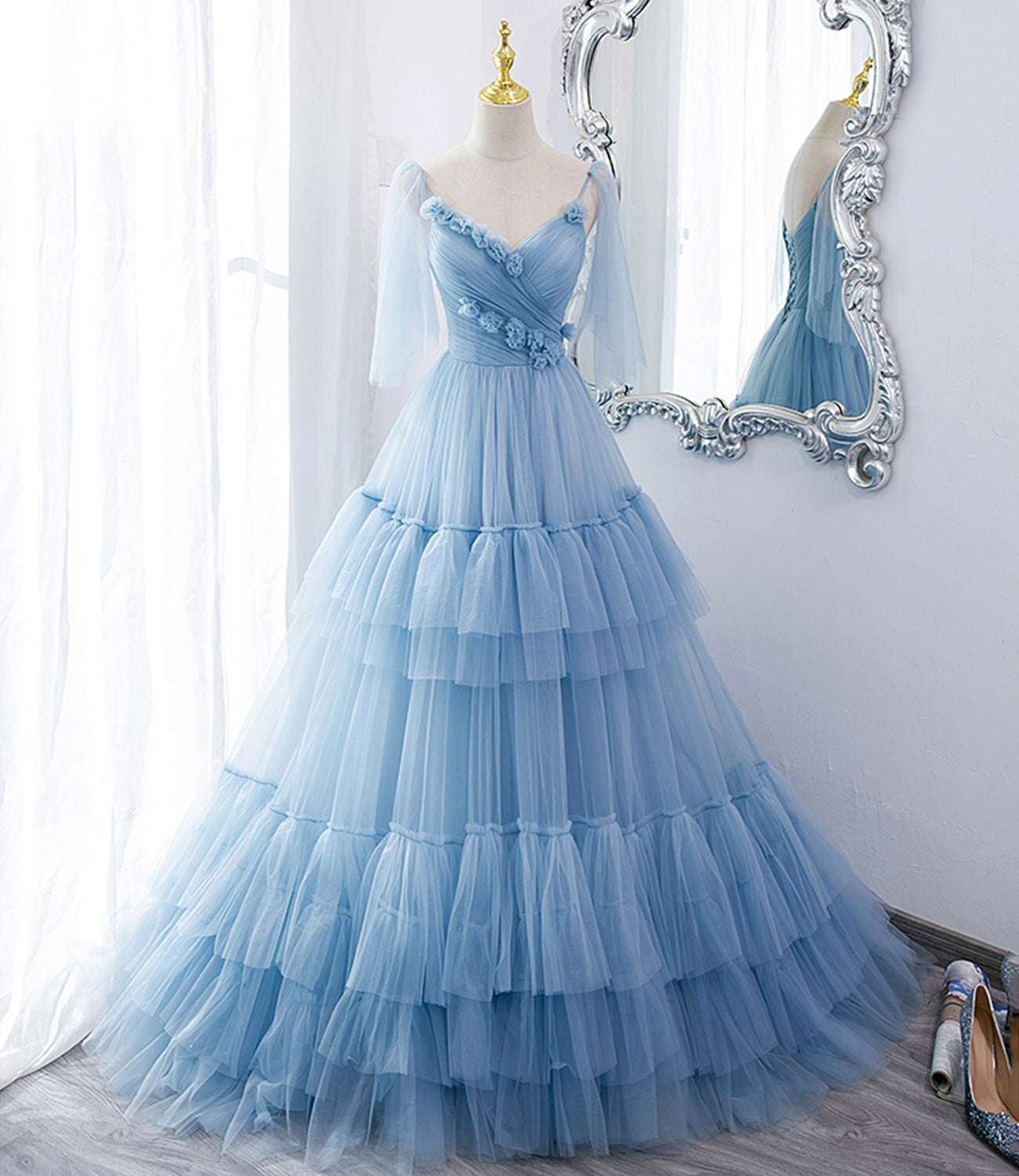 Blaues langes Ballkleid aus Tüll in A-Linie blaues Abendkleid 10551