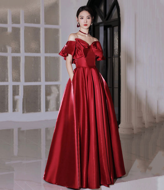 Langes Ballkleid aus rotem Satin Abendkleid in A-Linie 10582
