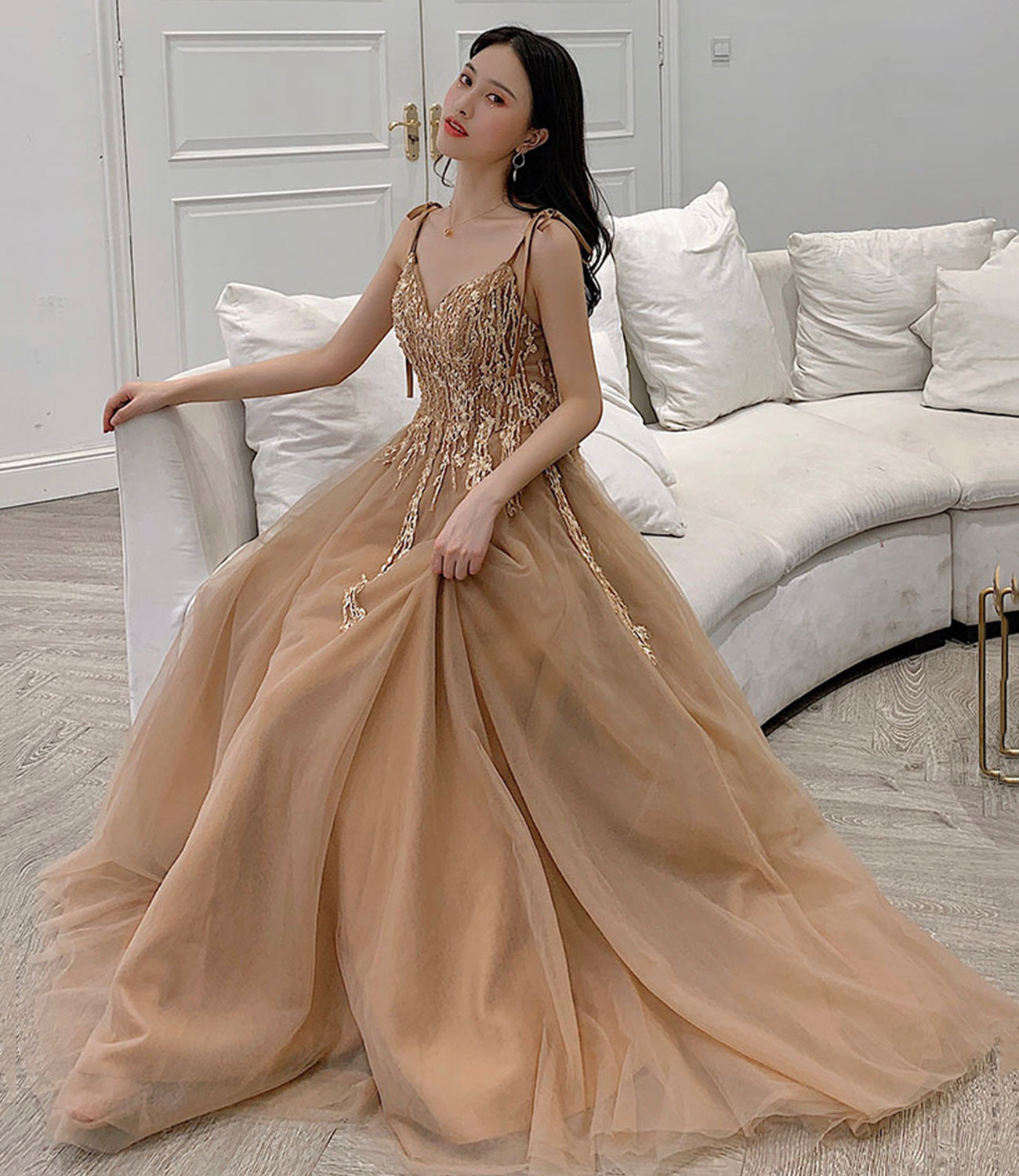 Cute A line v neck lace long prom dress evening dress  10364