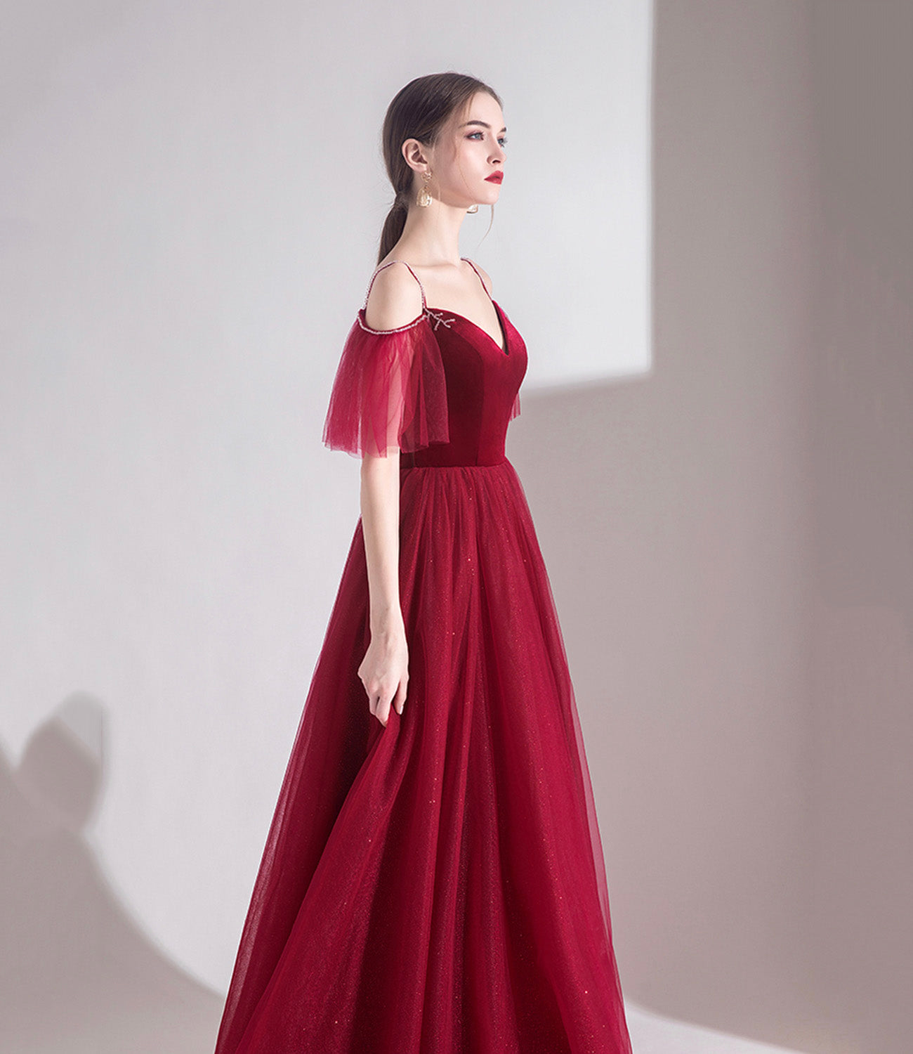 Bugundy Samt Tüll langes Ballkleid A-Linie Abendkleid 10553