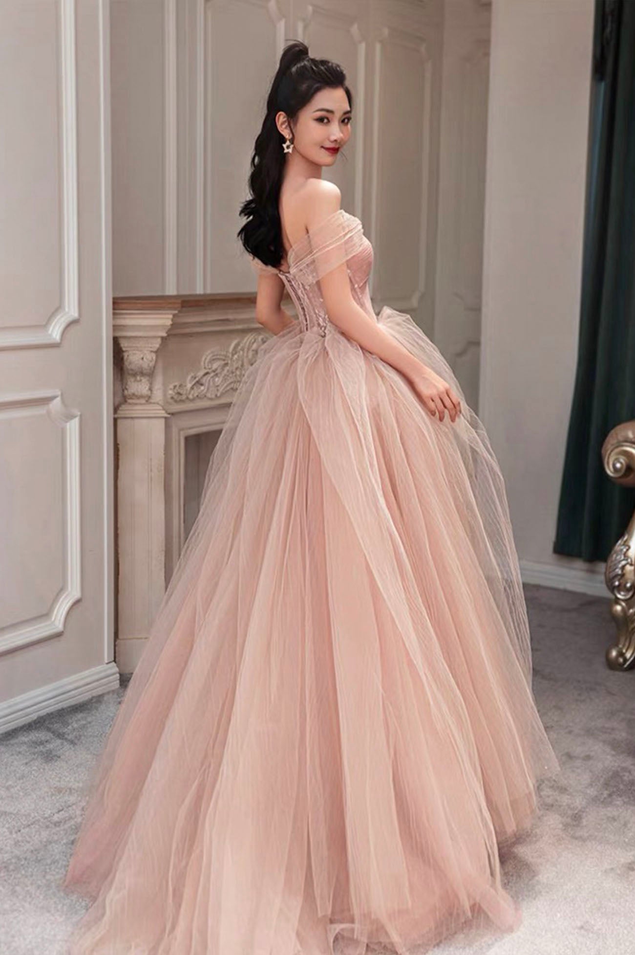 Pink tulle long prom dress pink evening dress  10589