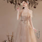 Cute tulle beads long prom dress A line evening dress  10396