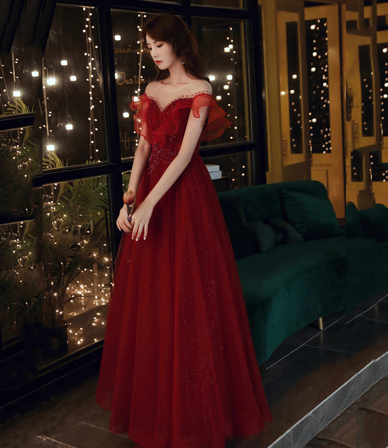 Burgundy tulle beads long prom dress A line evening gown  10481