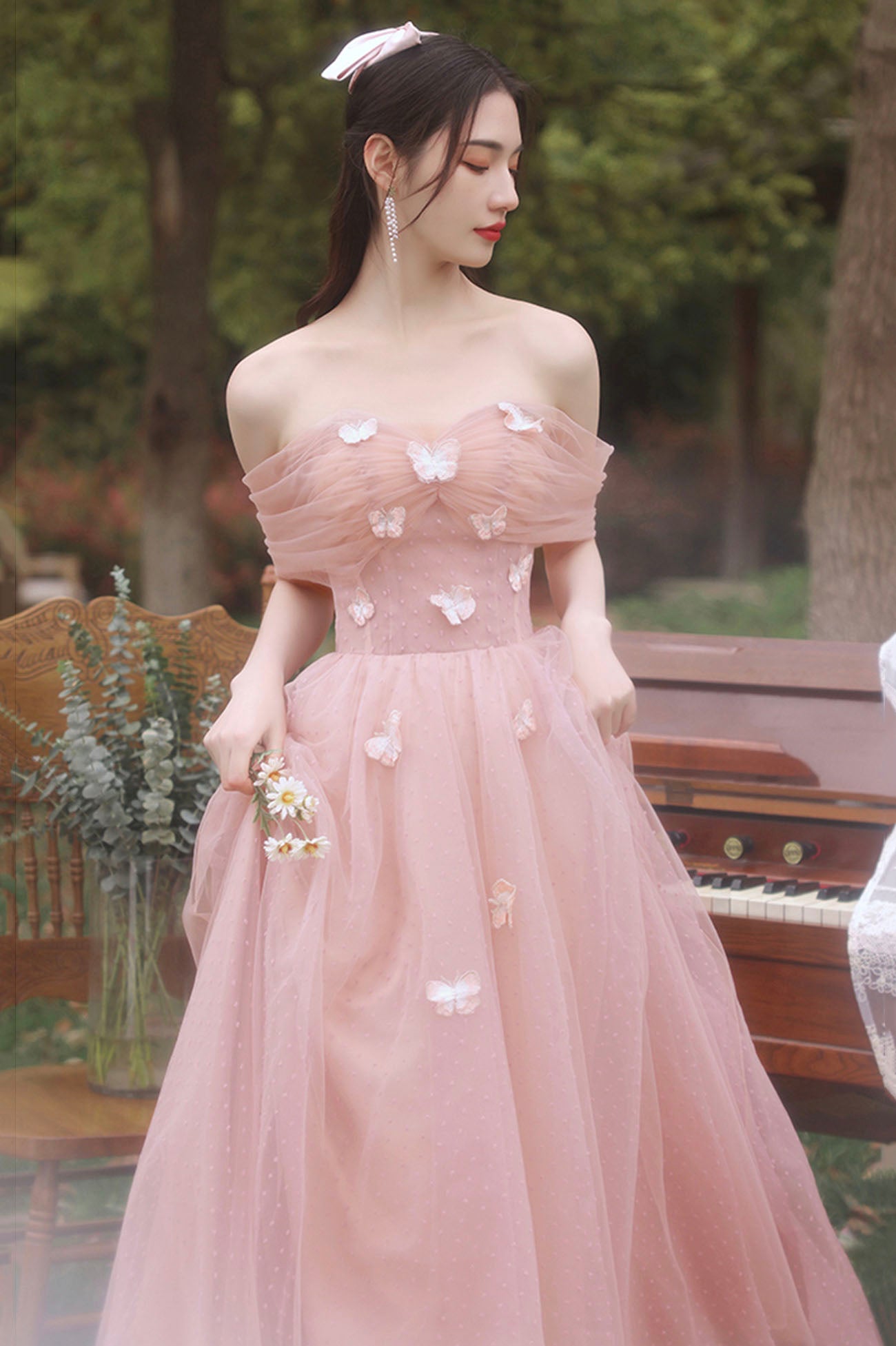 Pink tulle long prom dress A line evening dress  10587