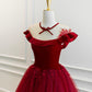 Burgundy velvet tulle long prom dress A line evening gown  10580