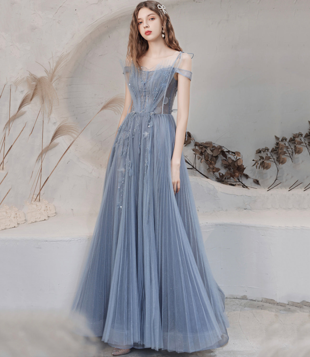 Blue tulle sequins long prom dress blue evening dress  10478