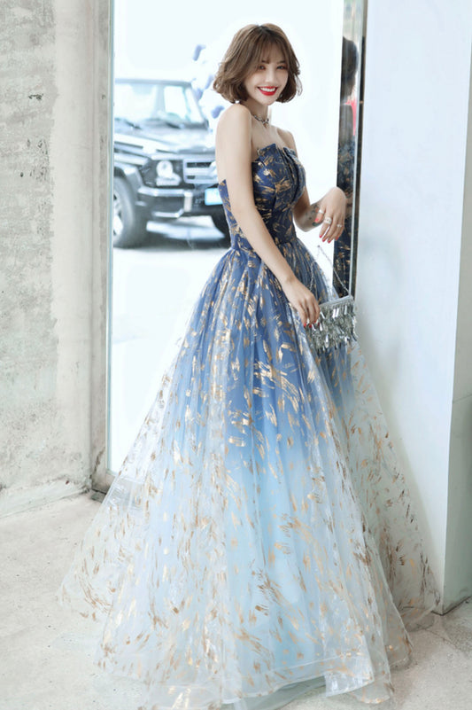 Blue tulle long prom dress blue evening dress  10590