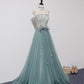 Green tulle lace long prom dress A line evening dress  10557