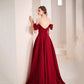 Langes Ballkleid aus Burgund-Satin A-Linie Abendkleid 10578