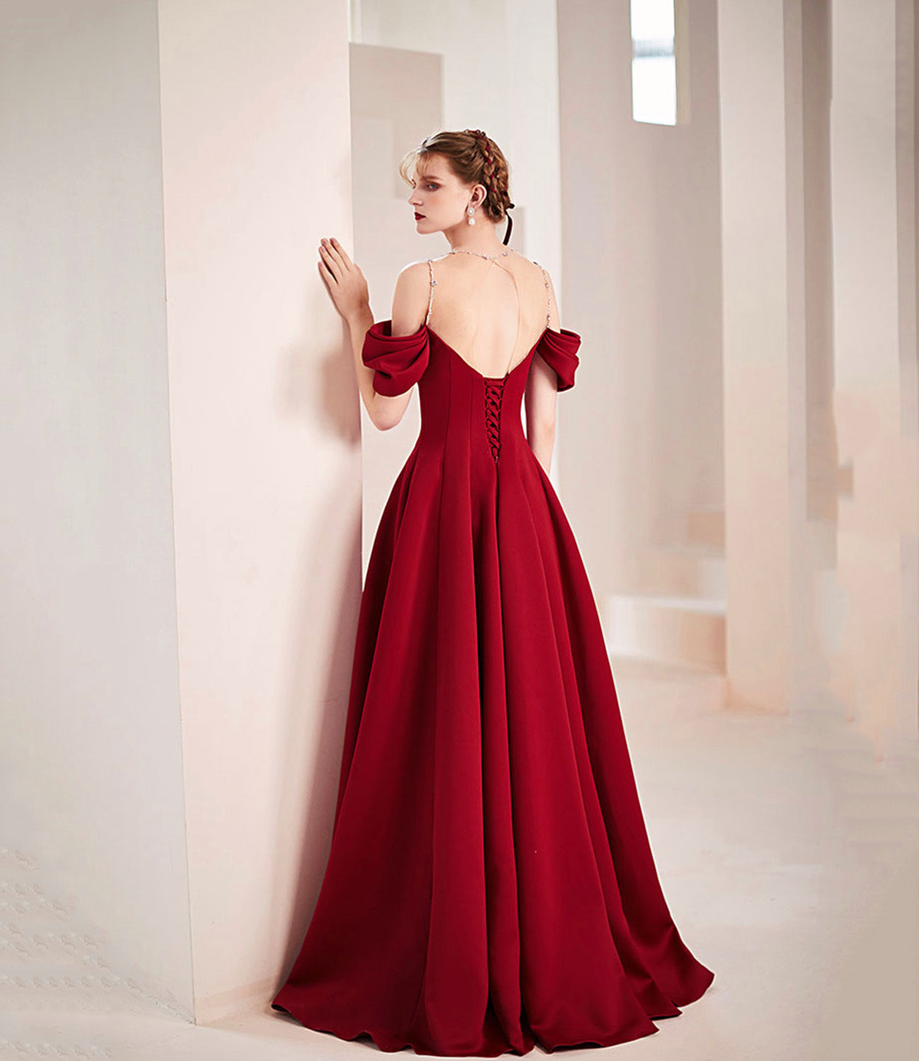 Langes Ballkleid aus Burgund-Satin A-Linie Abendkleid 10578