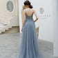 Gray tulle beads long prom dress A line evening dress  10579