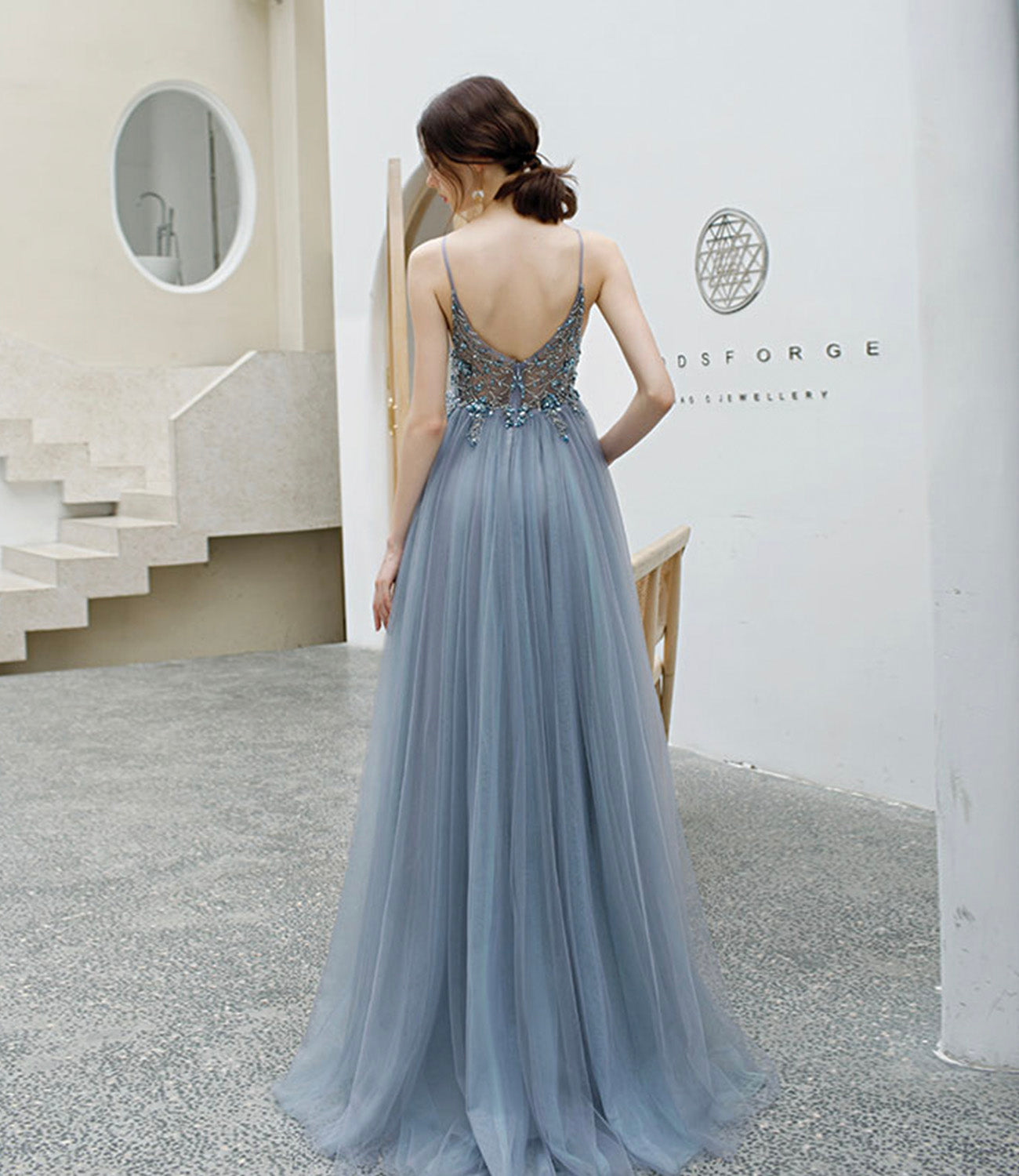 Gray tulle beads long prom dress A line evening dress  10579