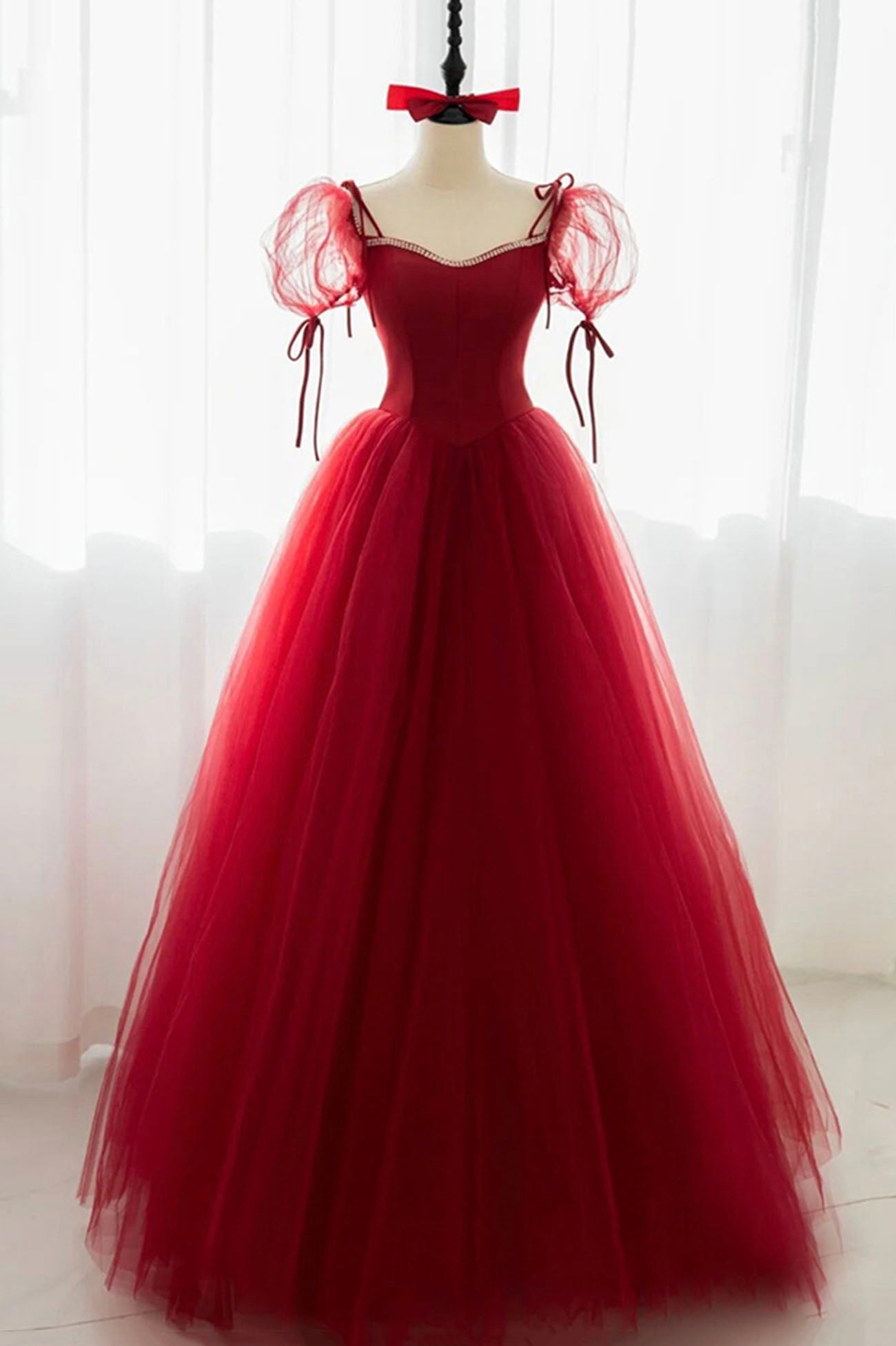 Red tulle long ball gown dress red evening dress  10599