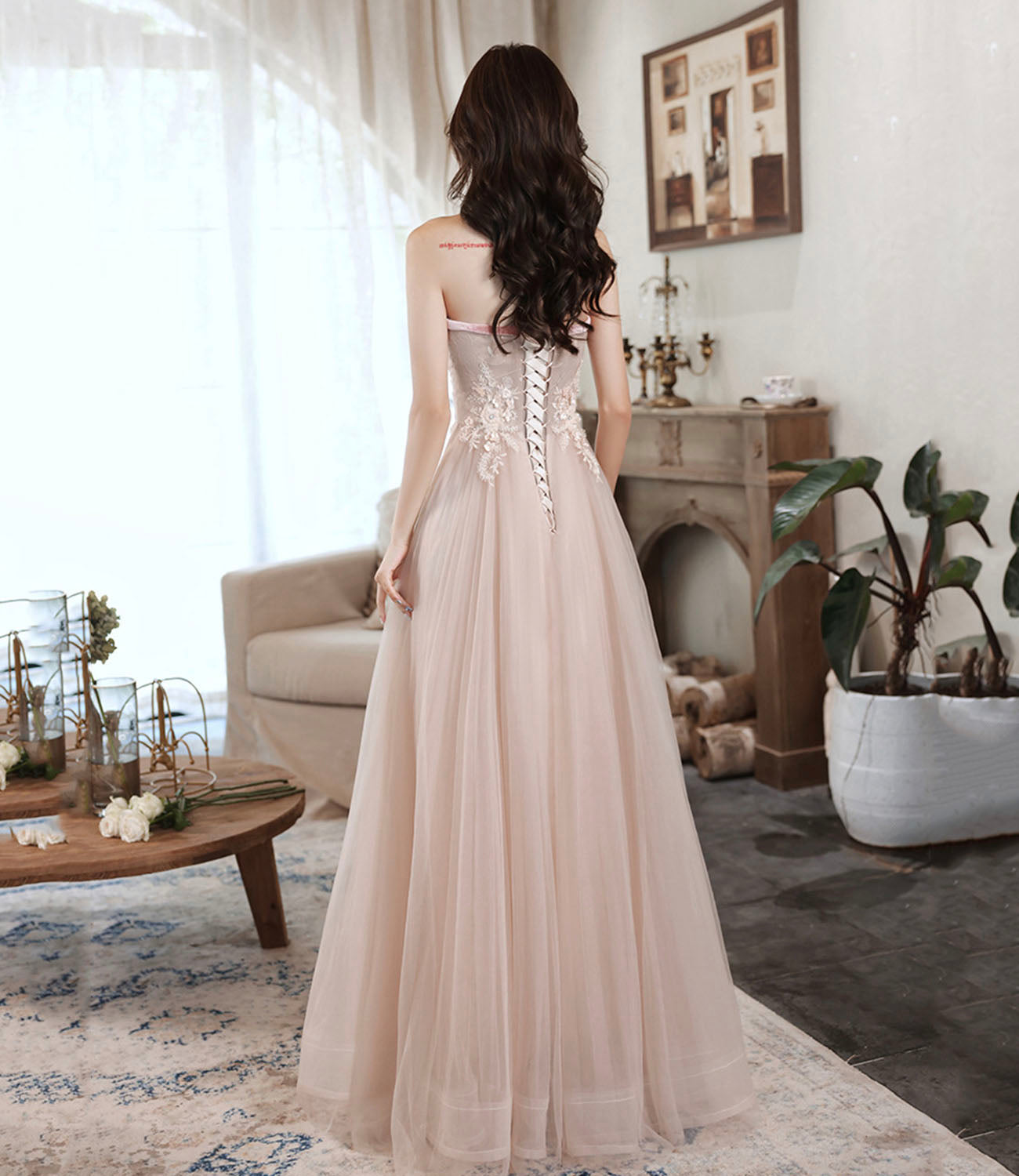 Rosa langes Ballkleid aus Tüllspitze Rosa Abendkleid 10628