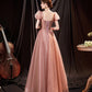 Pink tulle sequins long prom dress pink evening dress  10650