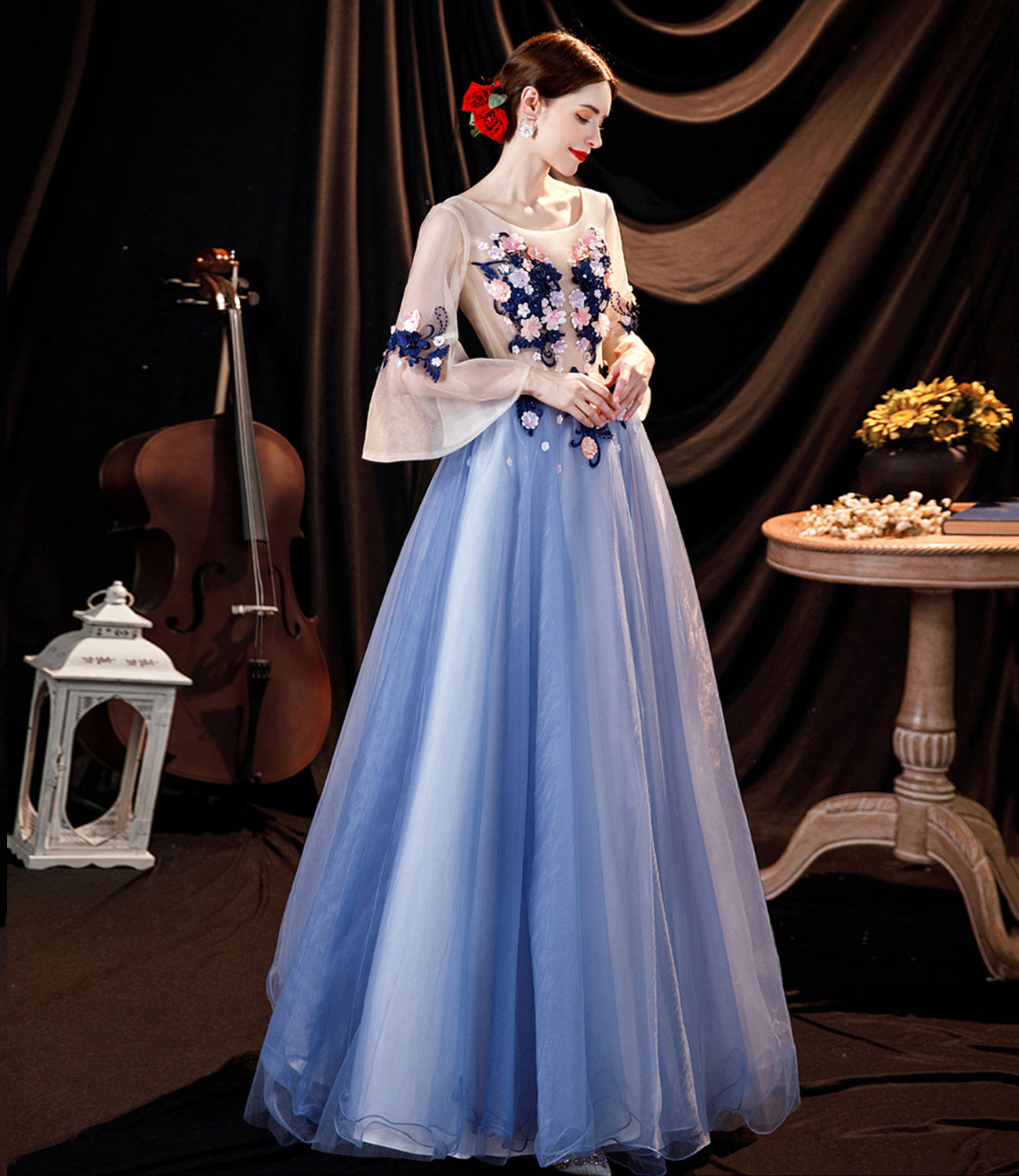 Blue tulle applique long prom dress blue evening dress  10534