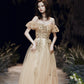 Langes Ballkleid mit goldenen Pailletten A-Linie Abendkleid 10484