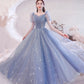 Blue tulle long A line prom dress blue evening dress  10530