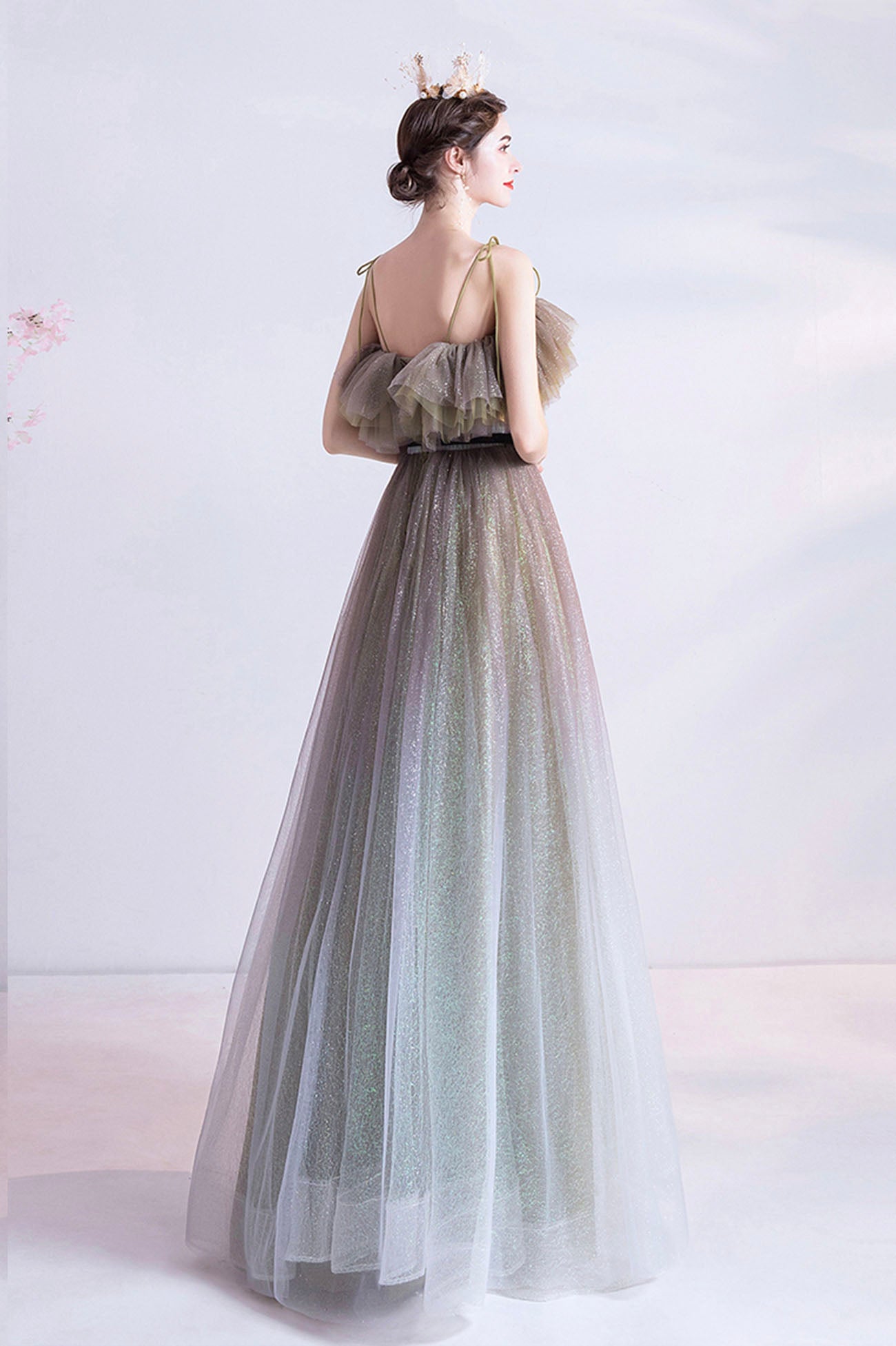 Graugrünes Tüll Pailletten langes Ballkleid Abendkleid 10616