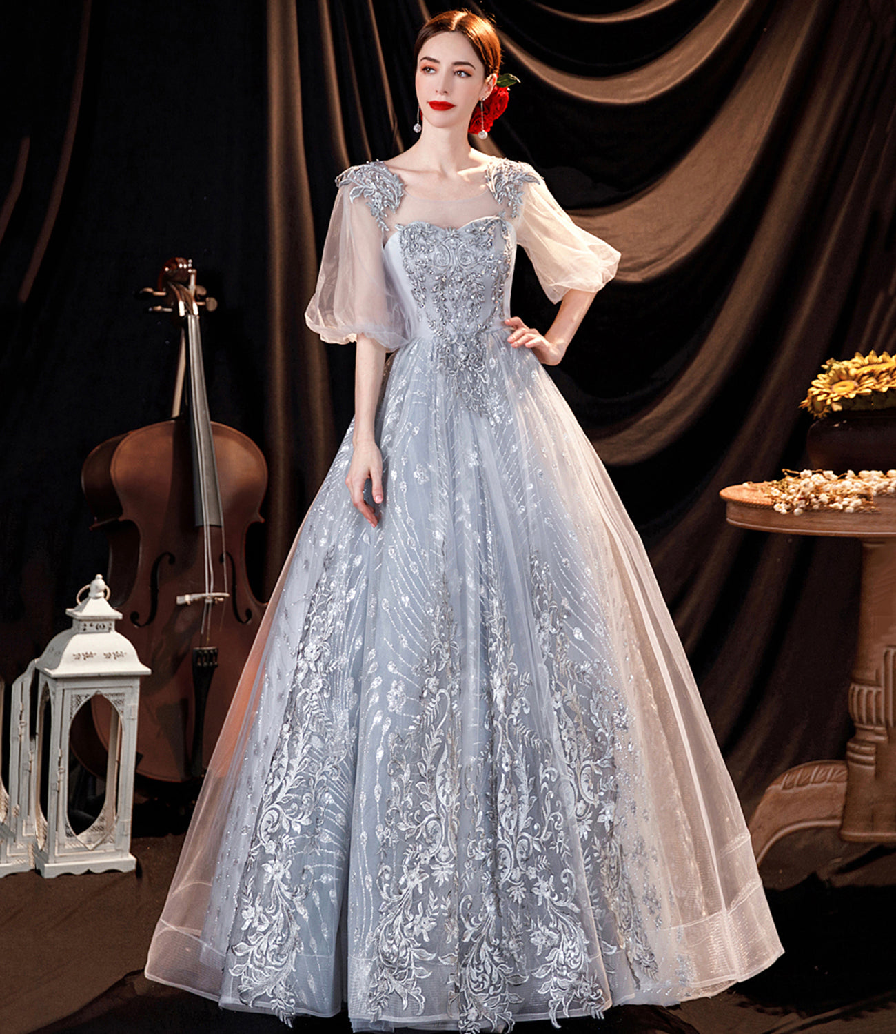 Langes Ballkleid aus grauer Tüllspitze A-Linie Abendkleid 10508