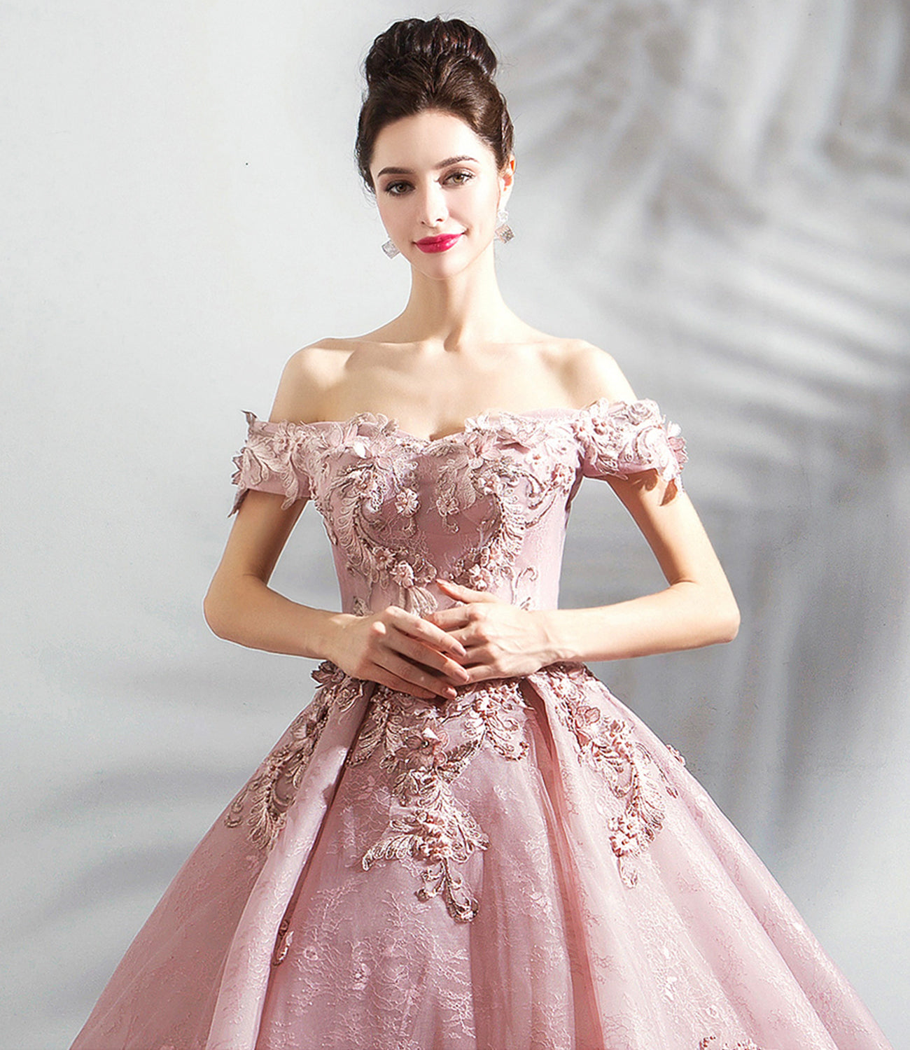 Rosa Tüll Spitze langes Ballkleid A-Linie Abendkleid 10359