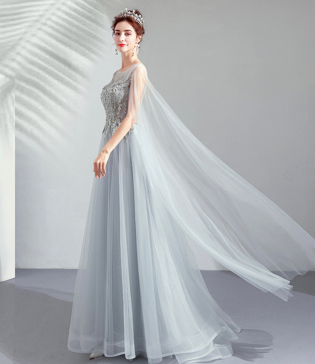 Robe de soirée longue en tulle et dentelle grise Robe de soirée trapèze 10509