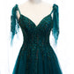 Wunderschönes, exquisites, mit Perlen besetztes, langes A-Linien-Ballkleid aus Tüll in Grün 10357