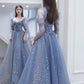 Robe de soirée longue en tulle bleu avec perles Robe de soirée trapèze 10402